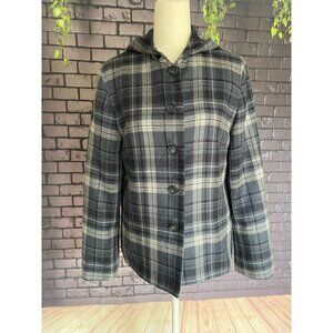 Talbots Gray And Blue Plaid Button Front Hooded Shacket 4